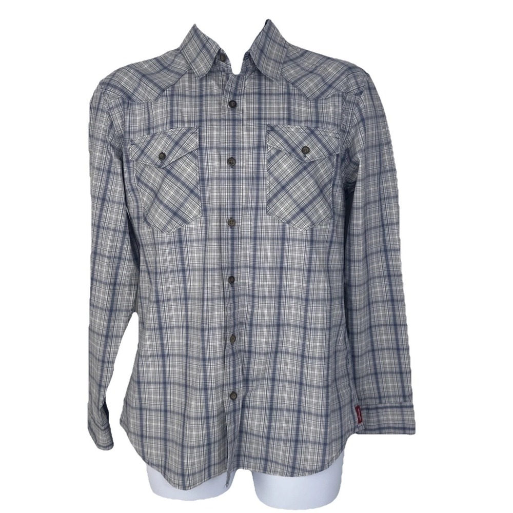 Wrangler Plaid Western Shirt Men Size M Blue Gray Long Sleeve‎ Snap Pocket